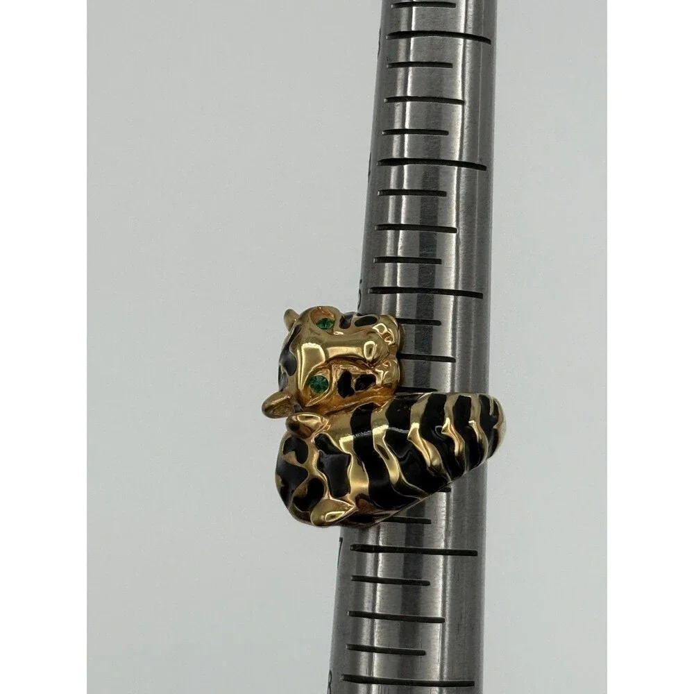 Gold Tone Cheetah Bypass Ring Cheetah Print Green Crystal Eyes China Sz 7.25